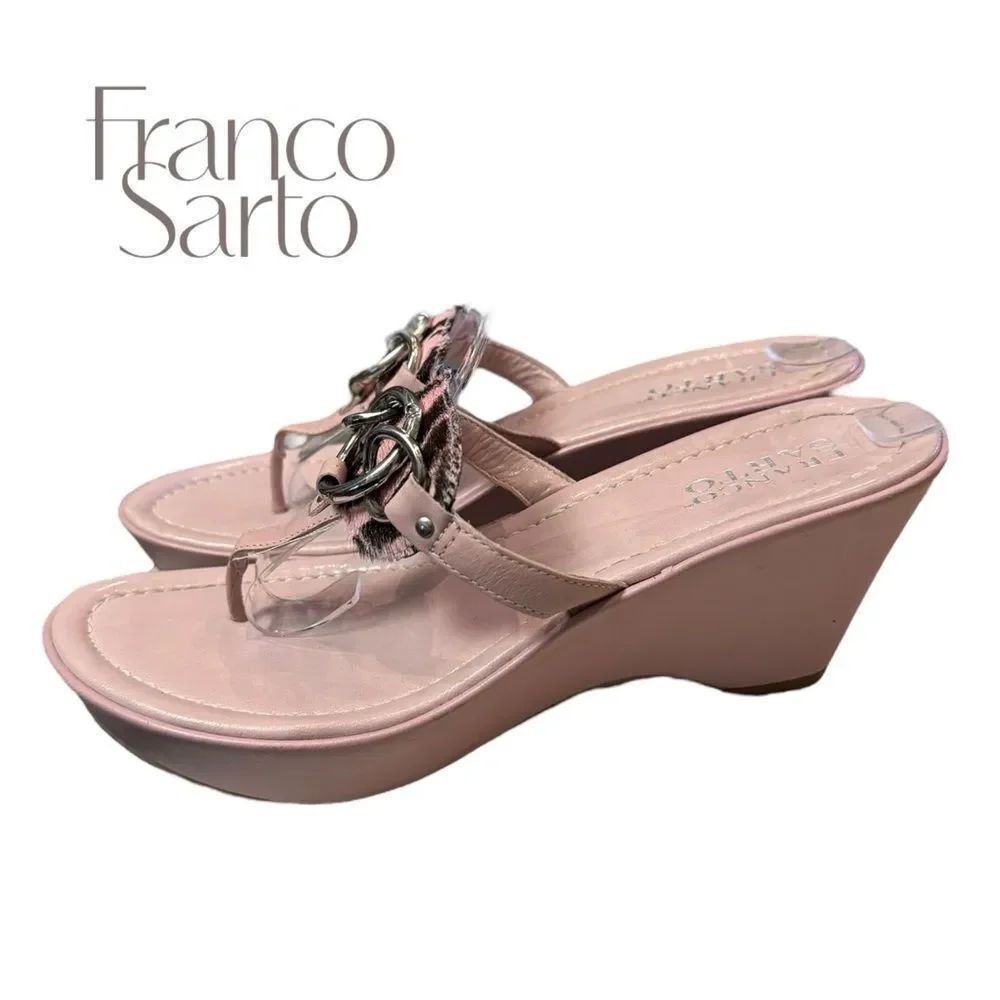 Franco Sarto Pink Leather Platform Wedge Slide Thong Sandals 8.5